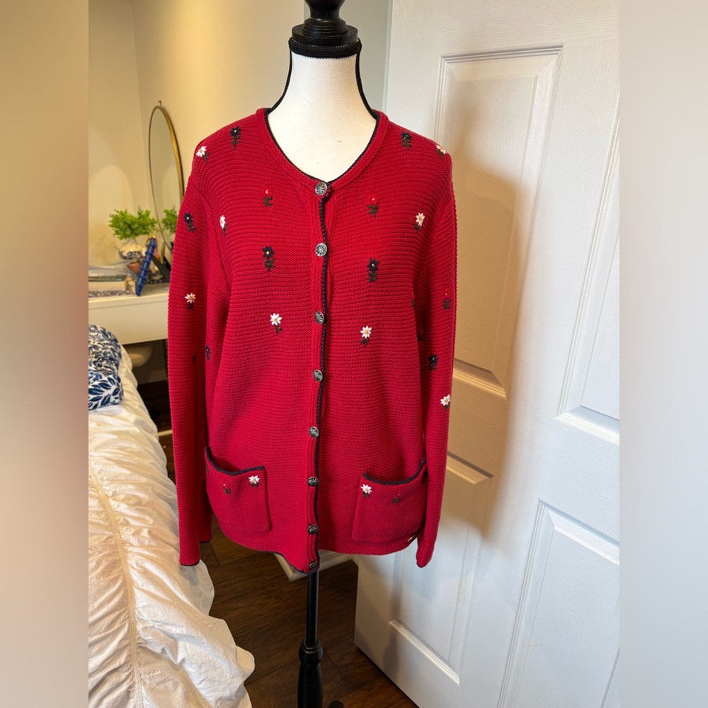 Vintage Northern Reflections Red Floral Embroidered Cardigan Sweater XL